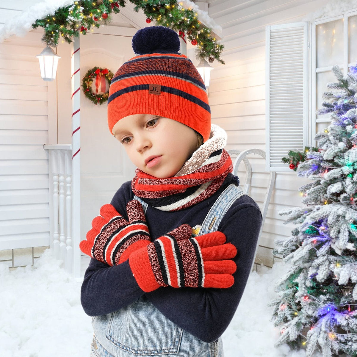 Winter Kids Knitted Hat Scarf Gloves 3Pcs Boys Girls Winter Warm Beanie Hat and Glove Scarf Set Beanie Neck Warmer Mittens for 4-7-Year-Old Kids