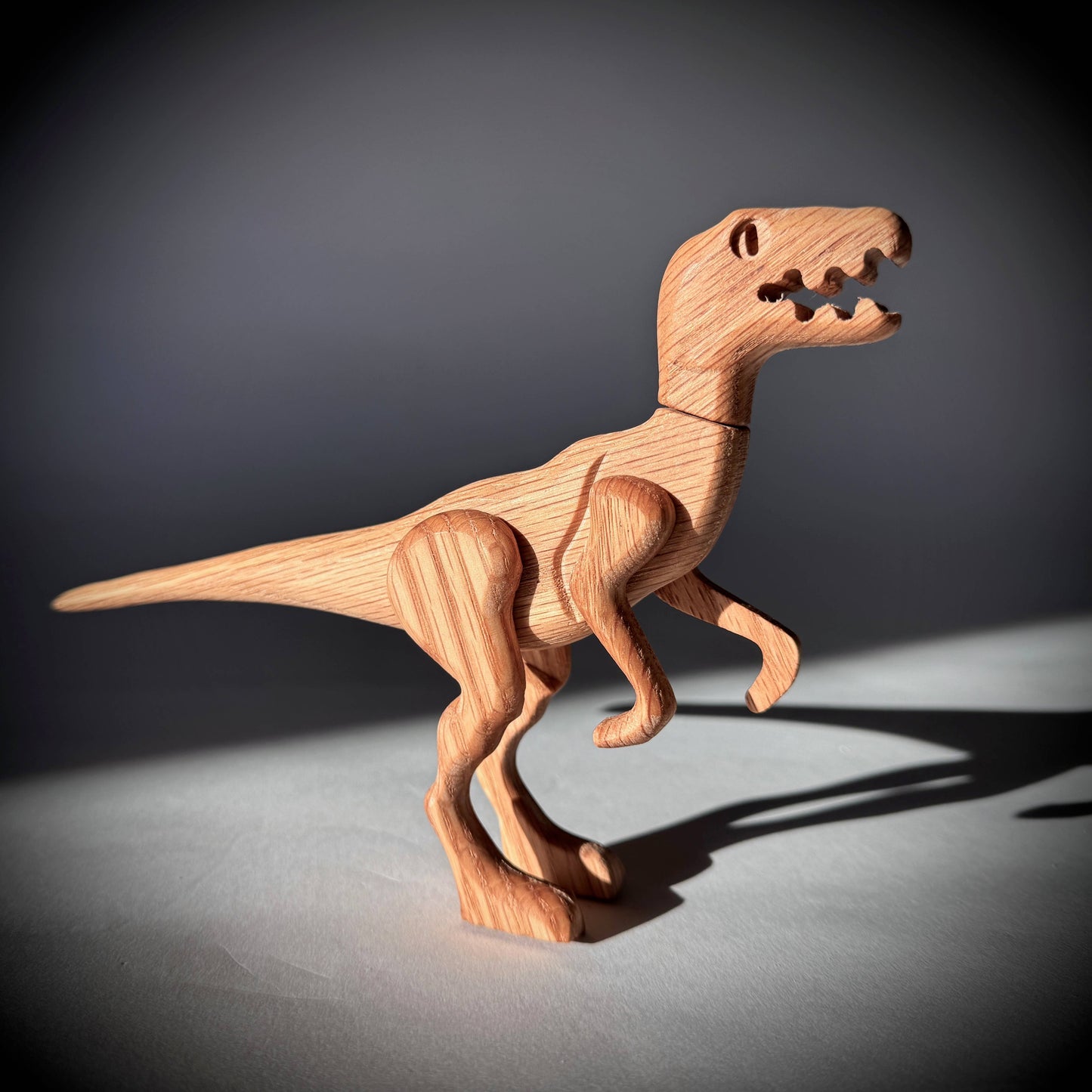 Wooden Velociraptor Dinosaur with Magnetic Joints