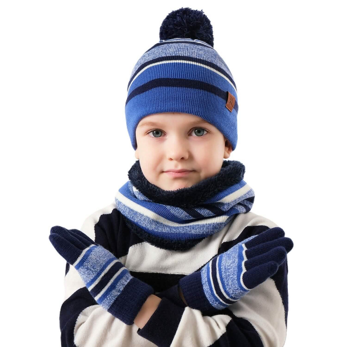 3-Piece Set: Winter Kids Knitted Warm Beanie Hat and Glove for 4-7 Years Old