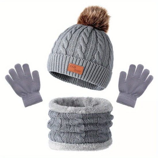 Cozy Youngsters' Beige Knit Hat, Scarf & Gloves Set with Pom-Pom – Soft Acrylic, Warm & Stylish Winter Fashion for Kids