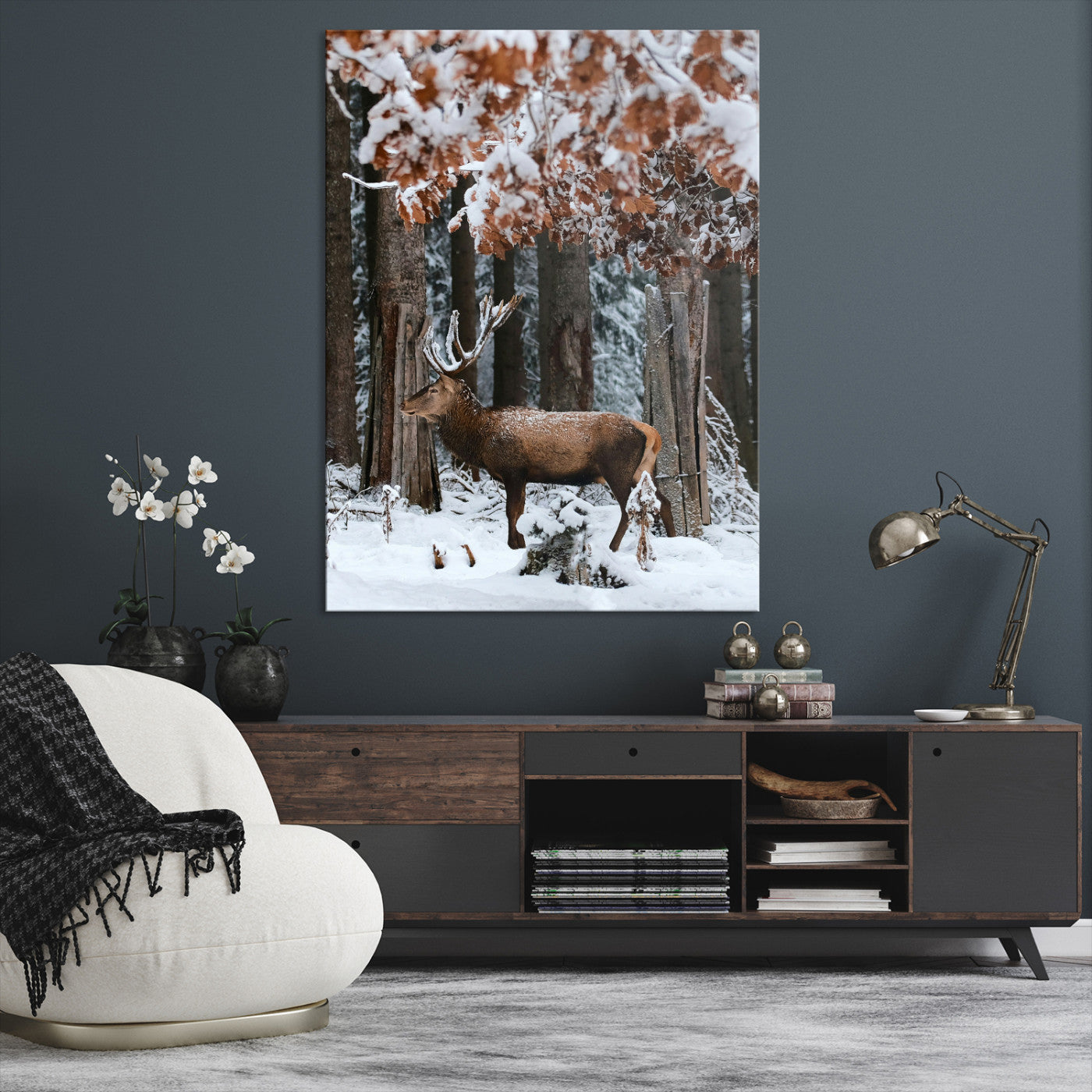 Winter Deer Landscape Wall Art Canvas Print – Serene Snowy