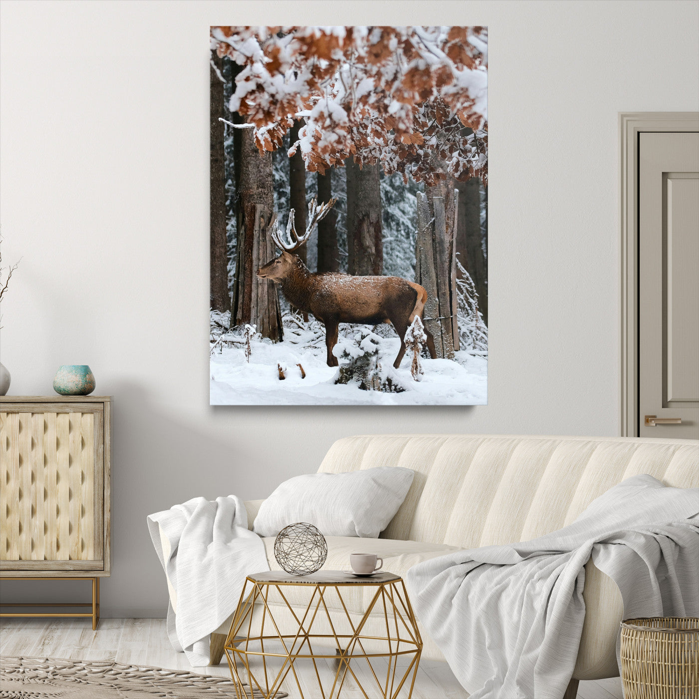 Winter Deer Landscape Wall Art Canvas Print – Serene Snowy
