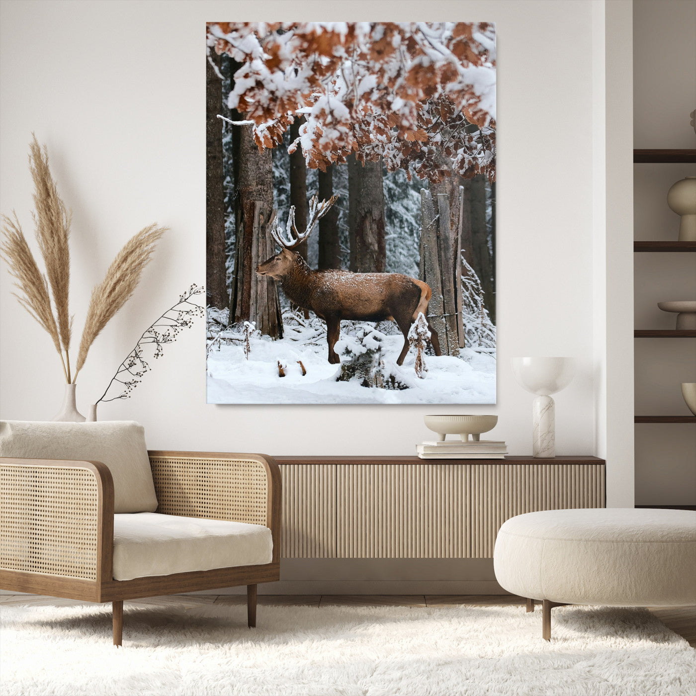 Winter Deer Landscape Wall Art Canvas Print – Serene Snowy