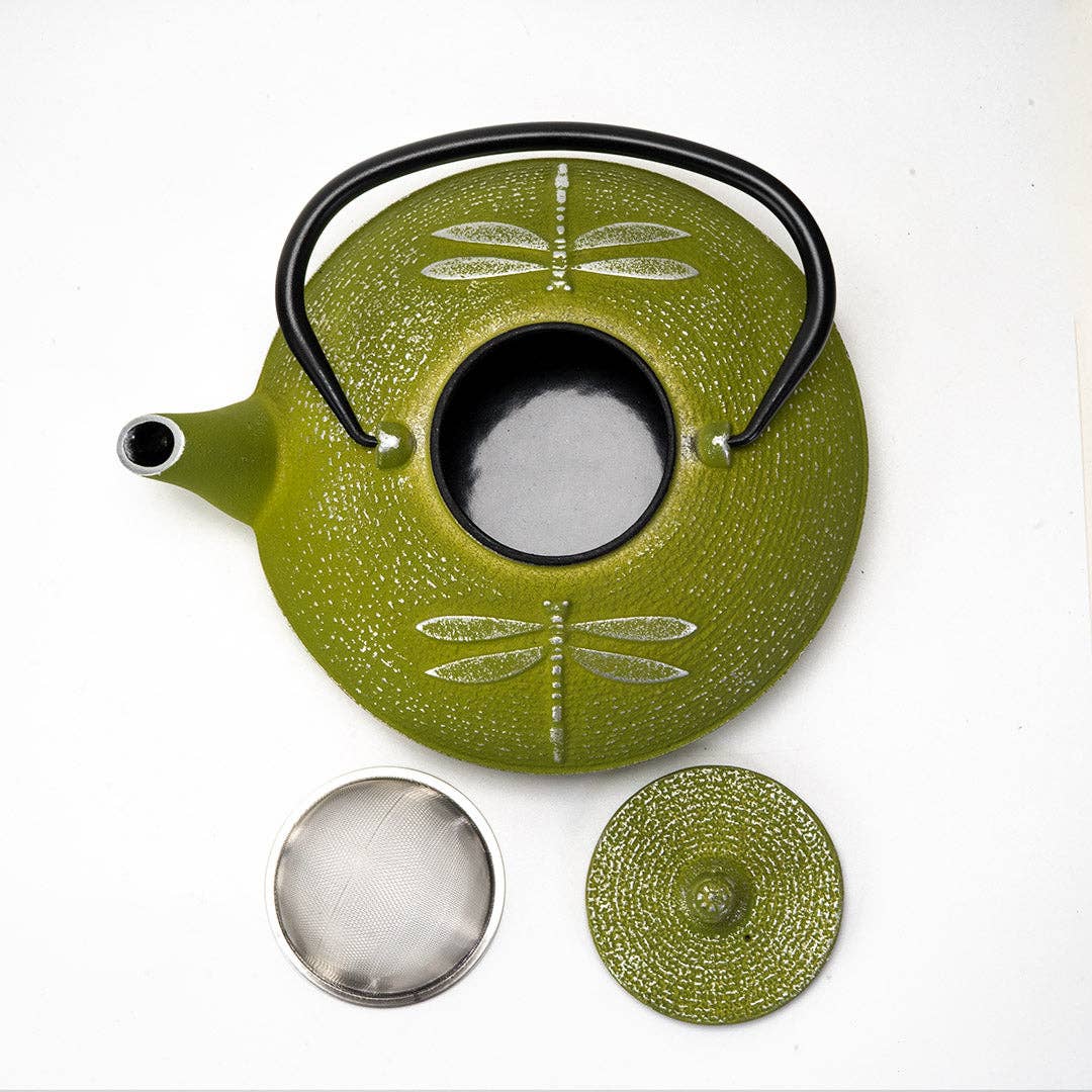 Green Dragonfly Design 37oz Cast Iron Tea Pot