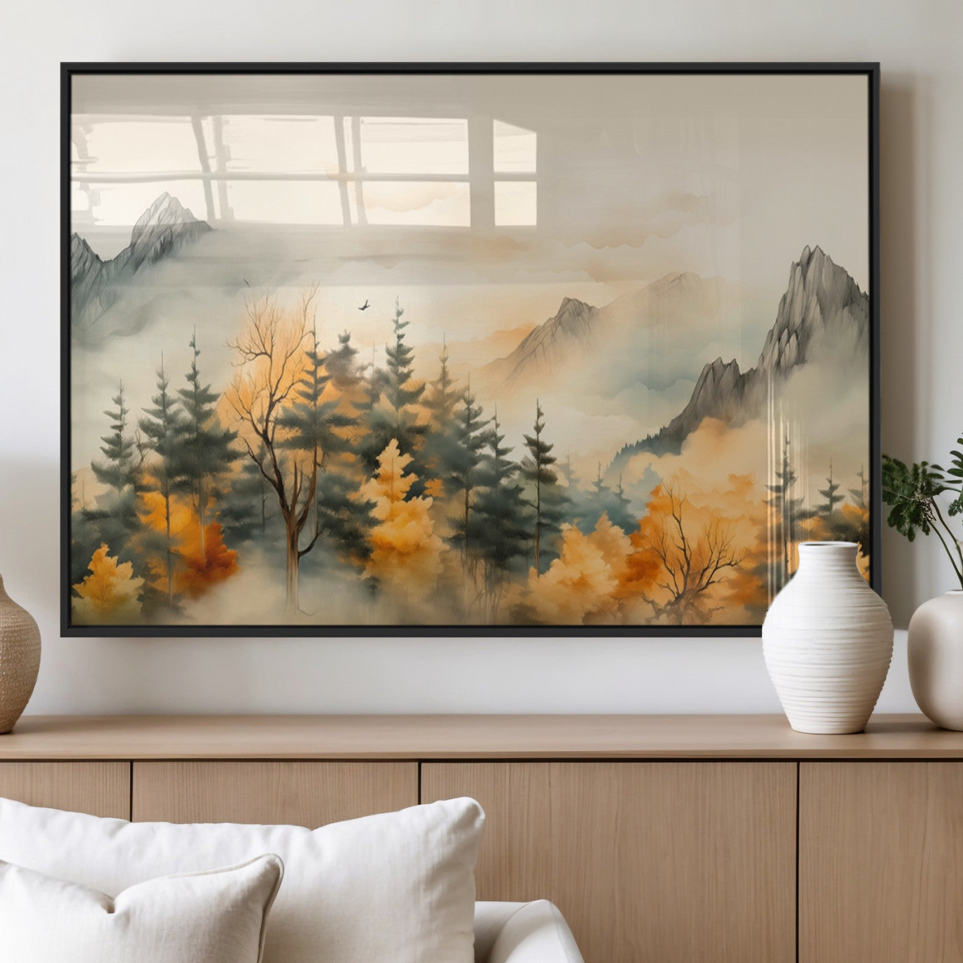 Abstract Watercolor Mountains and Trees Autumn Art,