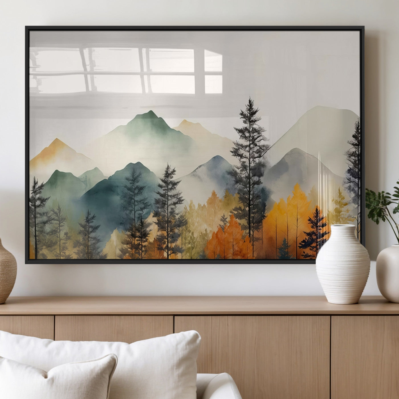 Abstract Watercolor Mountains and Trees Autumn Wall Art,