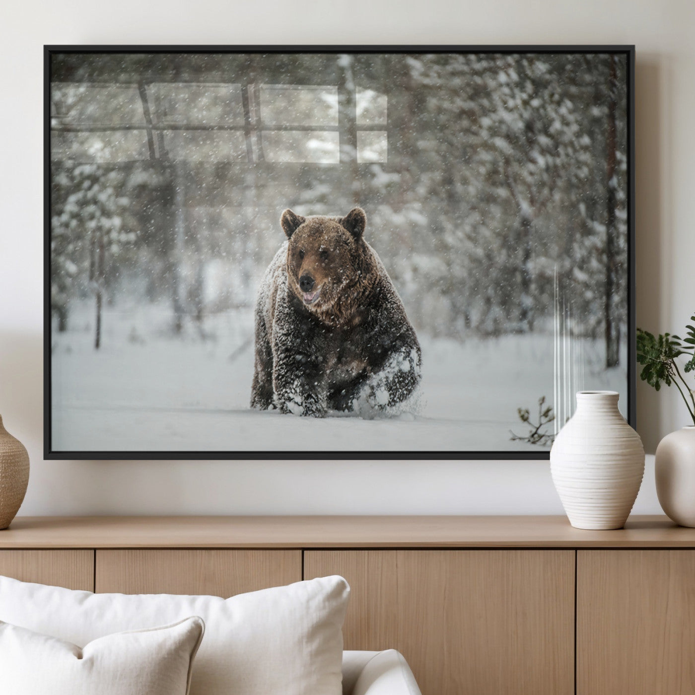 Grizzly Bear Wall Art – Framed Snowy Forest Canvas Artwork,
