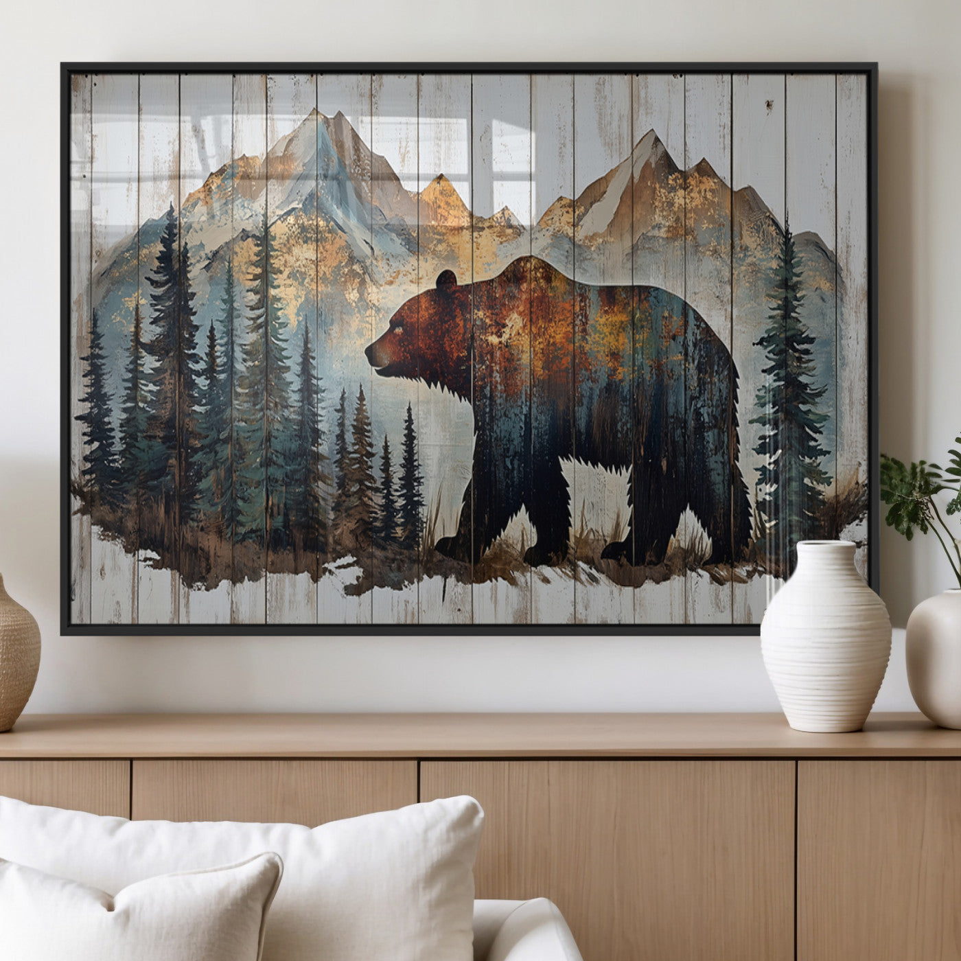Rustic Grizzly 399 Bear and Mountain Wood Canvas Wall Art -