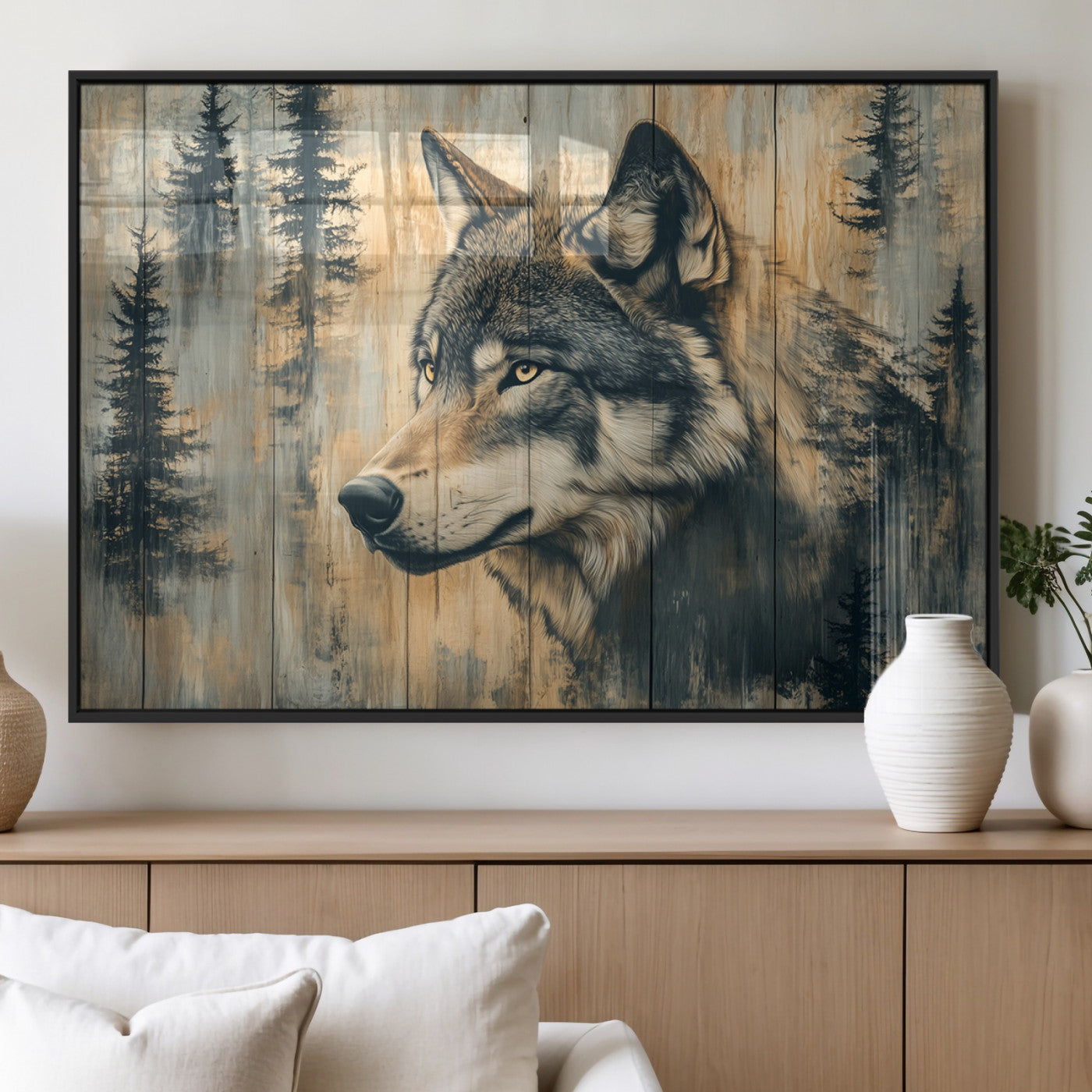 Wood Style Rustic Wolf Wall Art Canvas Print, Vintage
