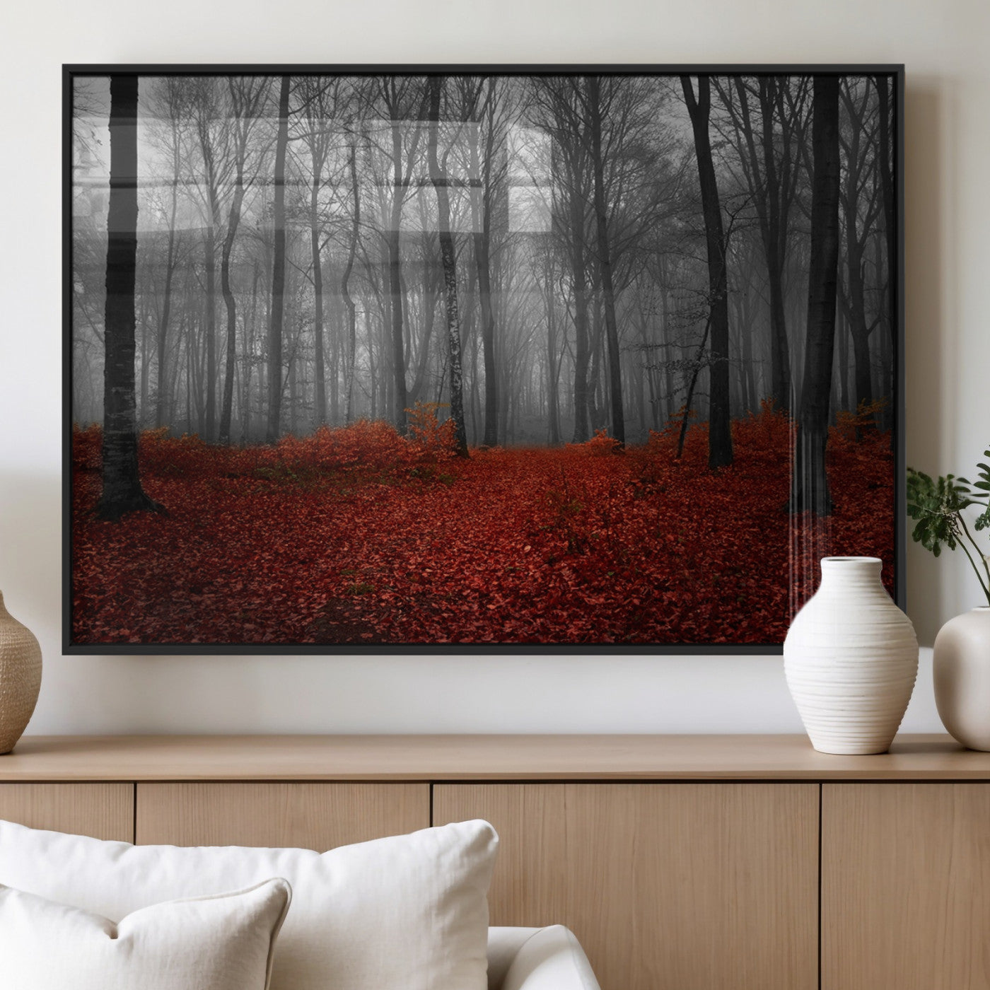 Red Forest Floor Canvas Wall Art – Mystical Foggy Woodland