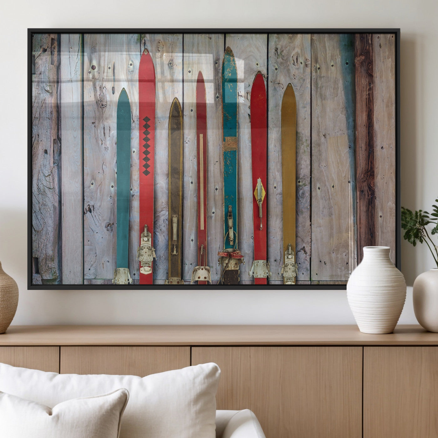 Vintage Wooden Weathered Ski's in Front of an Old Barn Wall