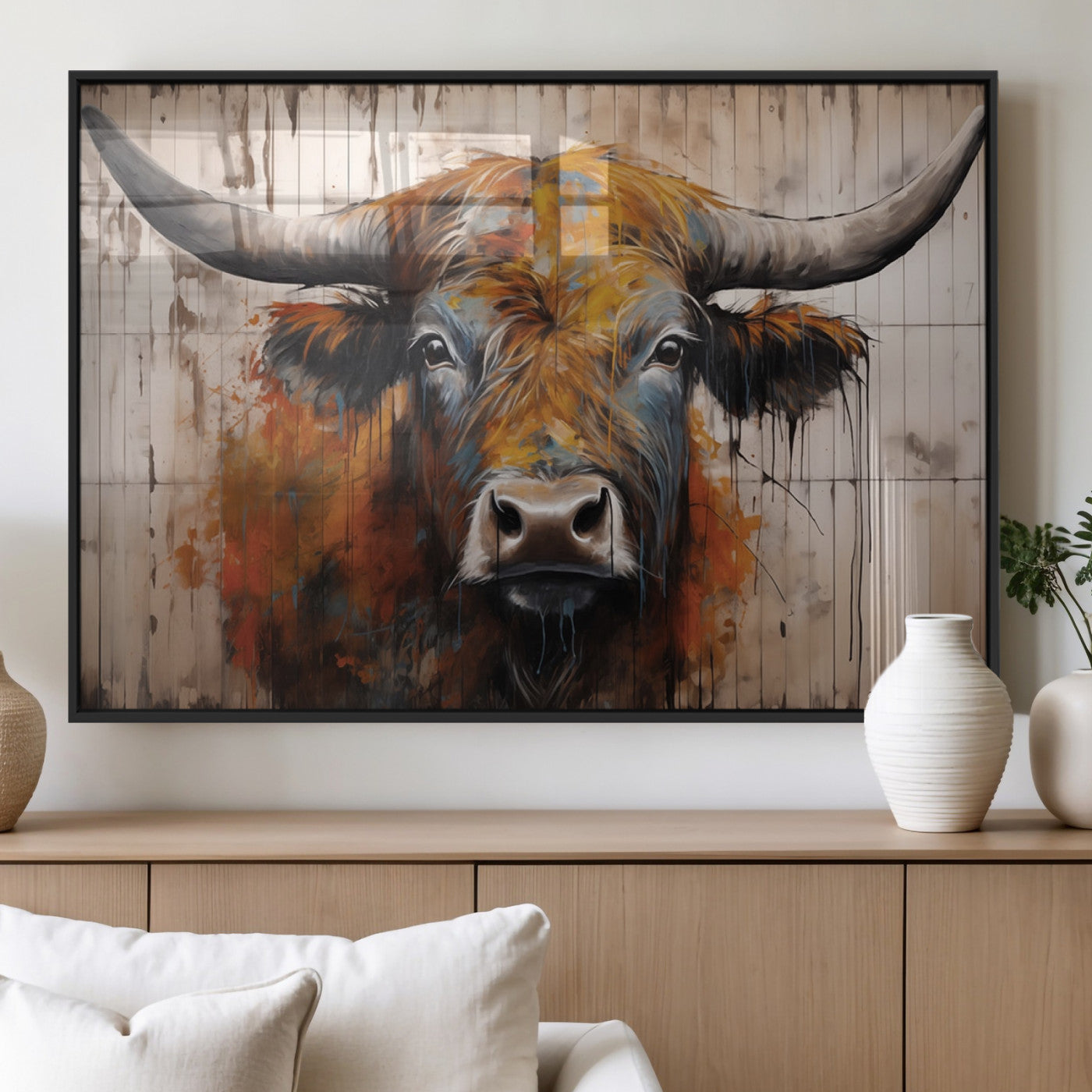 Scottish Highland Cow Cattle Art Print on Wood Style