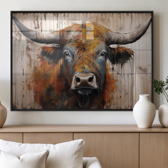 Scottish Highland Cow Cattle Art Print on Wood Style