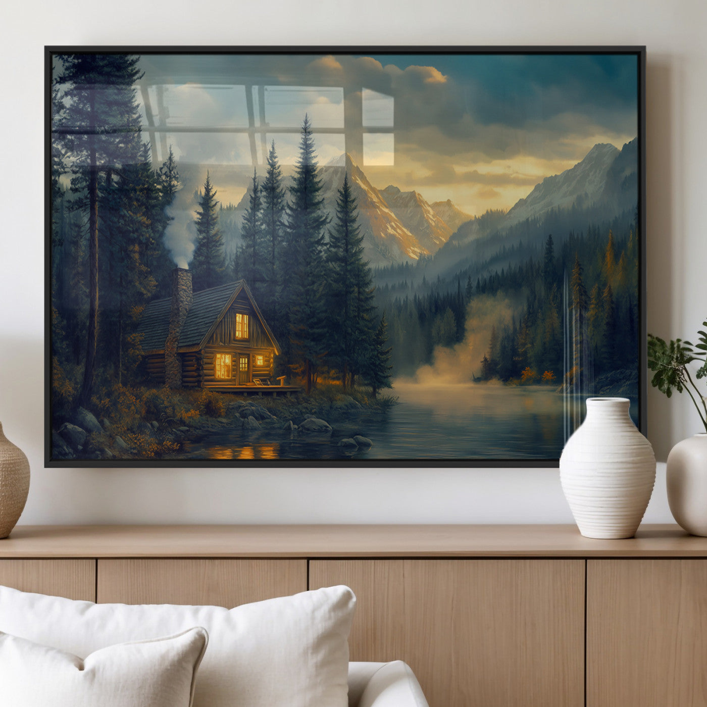 Mountain Cabin by the Lake at Sunset Wall Art - Serene