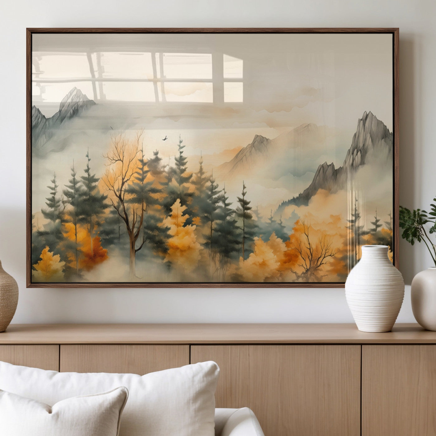 Abstract Watercolor Mountains and Trees Autumn Art,