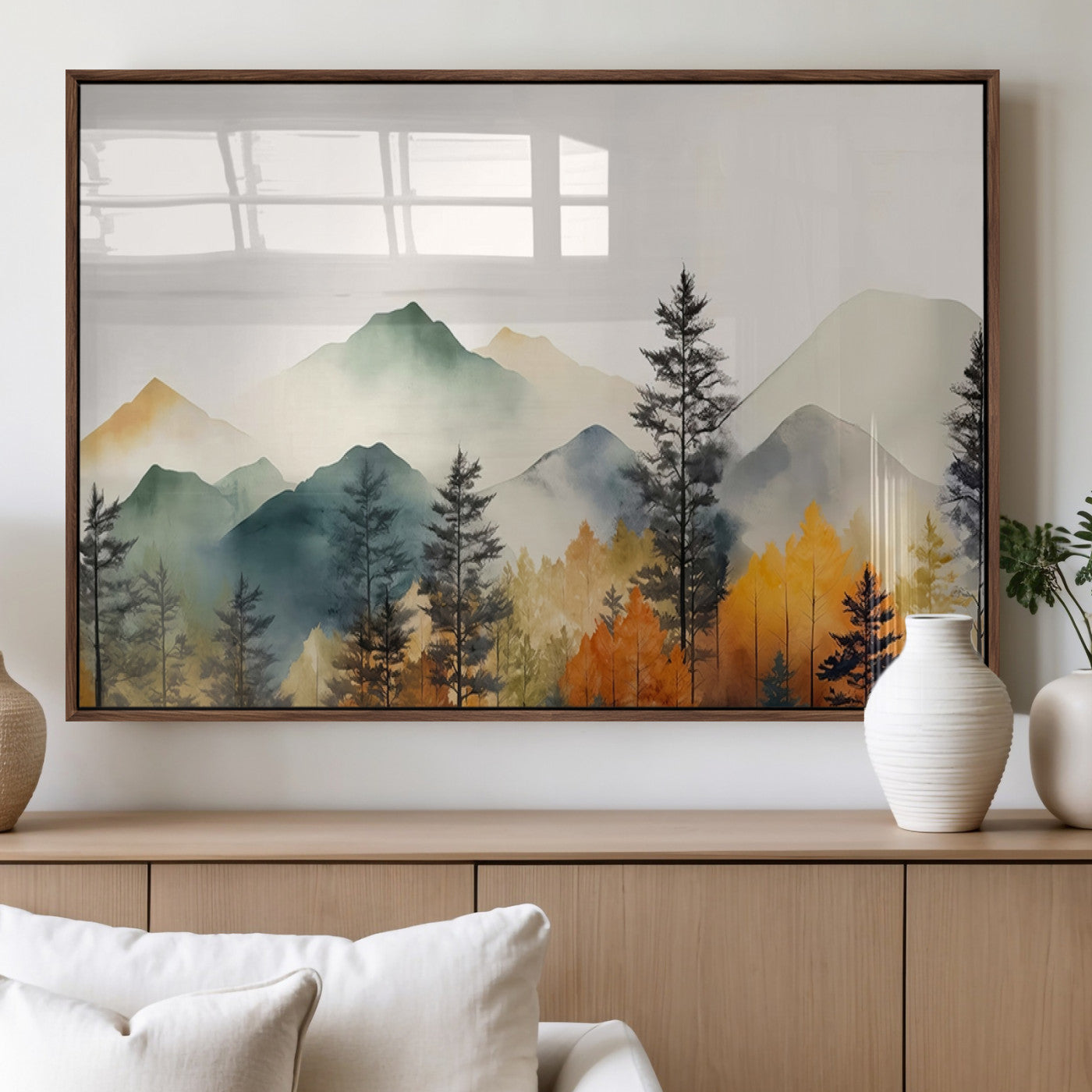 Abstract Watercolor Mountains and Trees Autumn Wall Art,