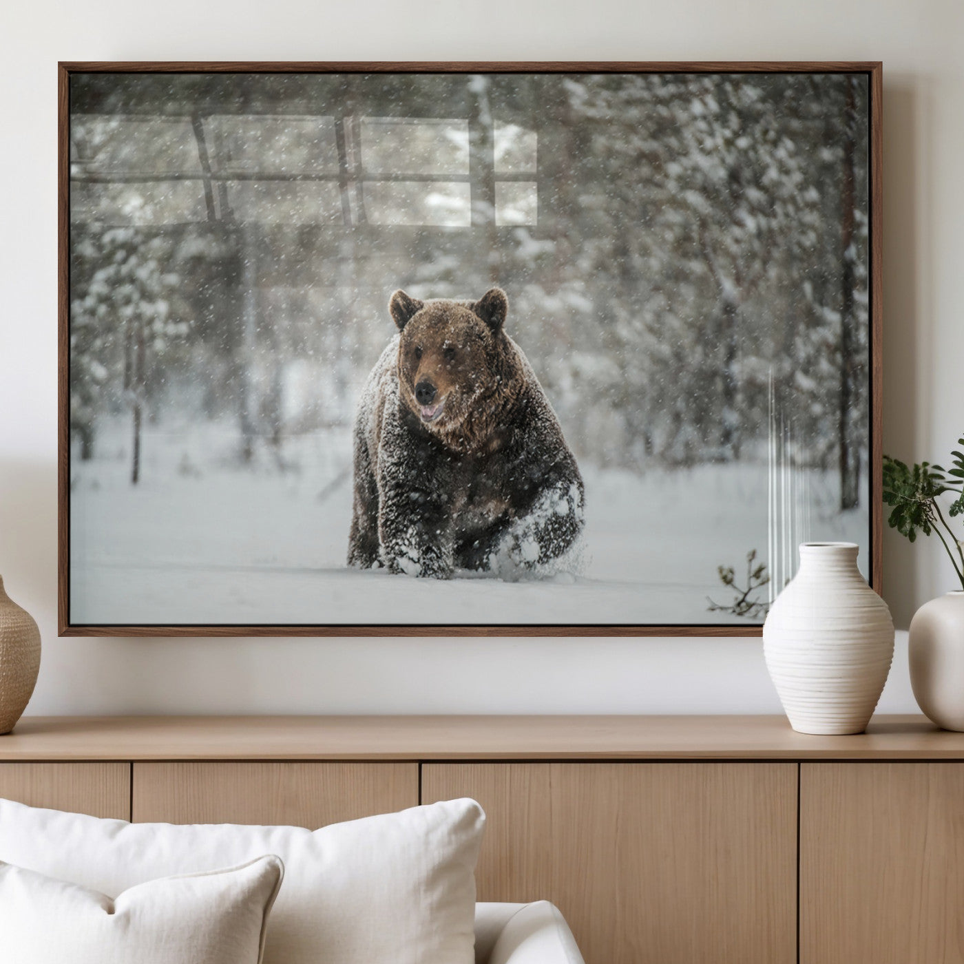 Grizzly Bear Wall Art – Framed Snowy Forest Canvas Artwork,