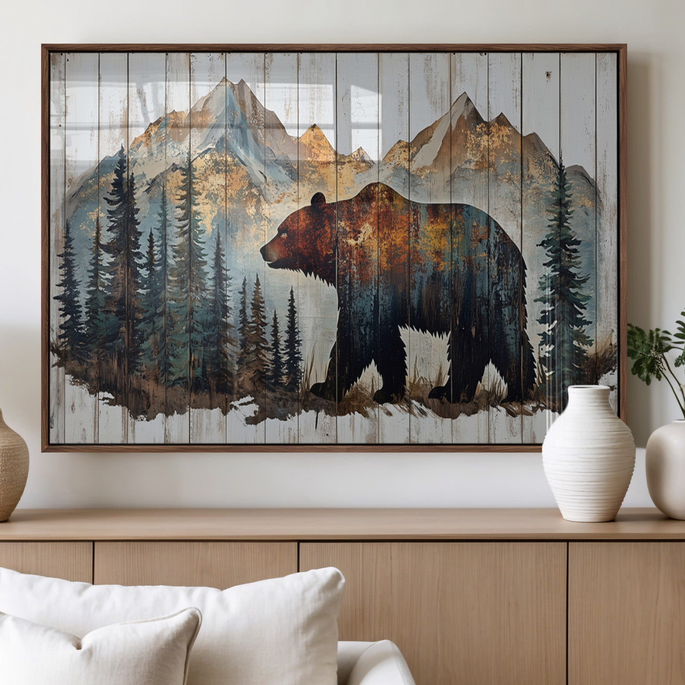 Rustic Grizzly 399 Bear and Mountain Wood Canvas Wall Art -