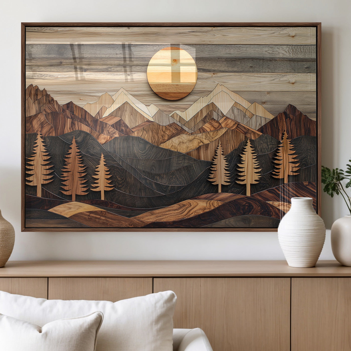Wooden Mountain Layers Art – Rustic Pine Tree Landscape