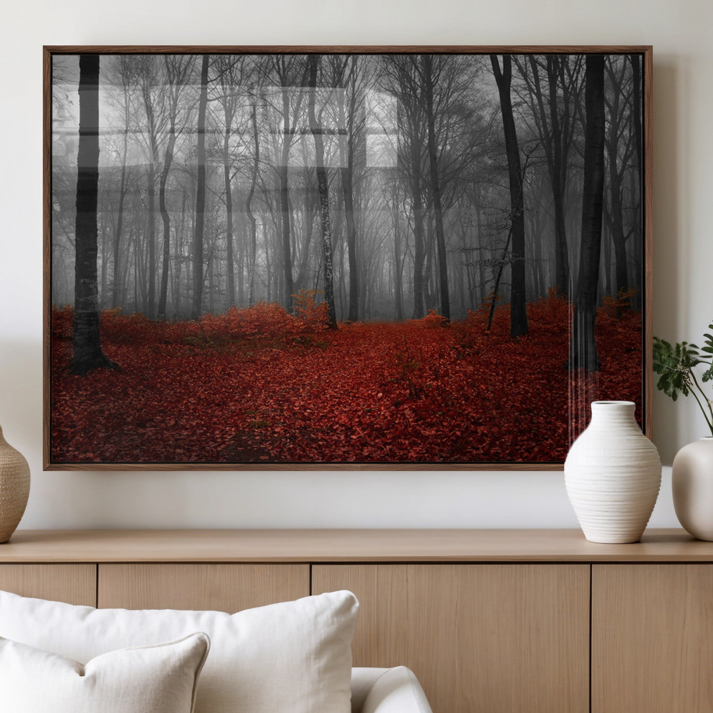 Red Forest Floor Canvas Wall Art – Mystical Foggy Woodland