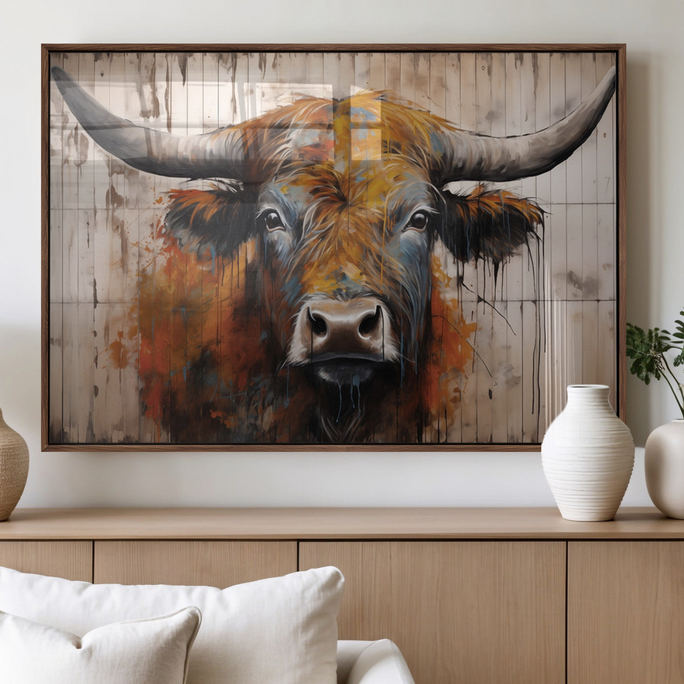 Scottish Highland Cow Cattle Art Print on Wood Style