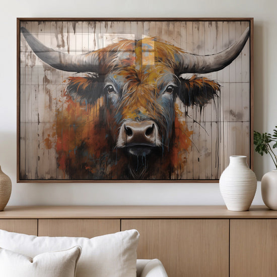 Scottish Highland Cow Cattle Art Print on Wood Style