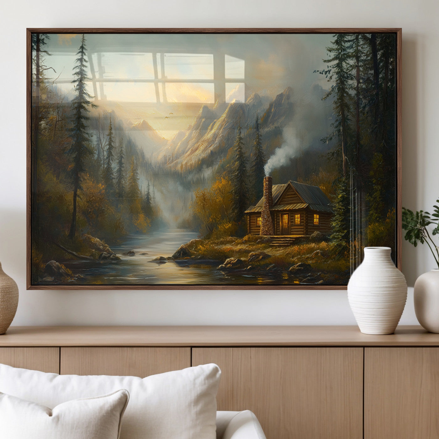 Wood Cabin Retreat Mountain at Sunset Wall Art Print -