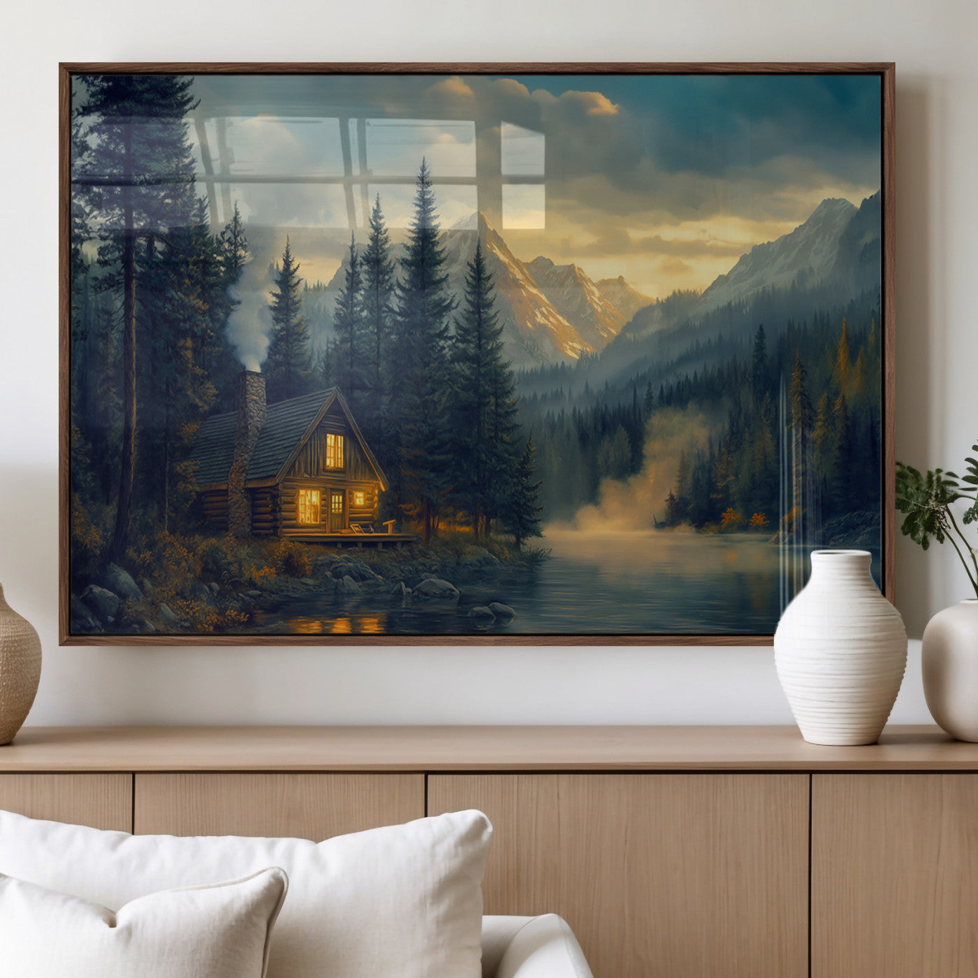Mountain Cabin by the Lake at Sunset Wall Art - Serene