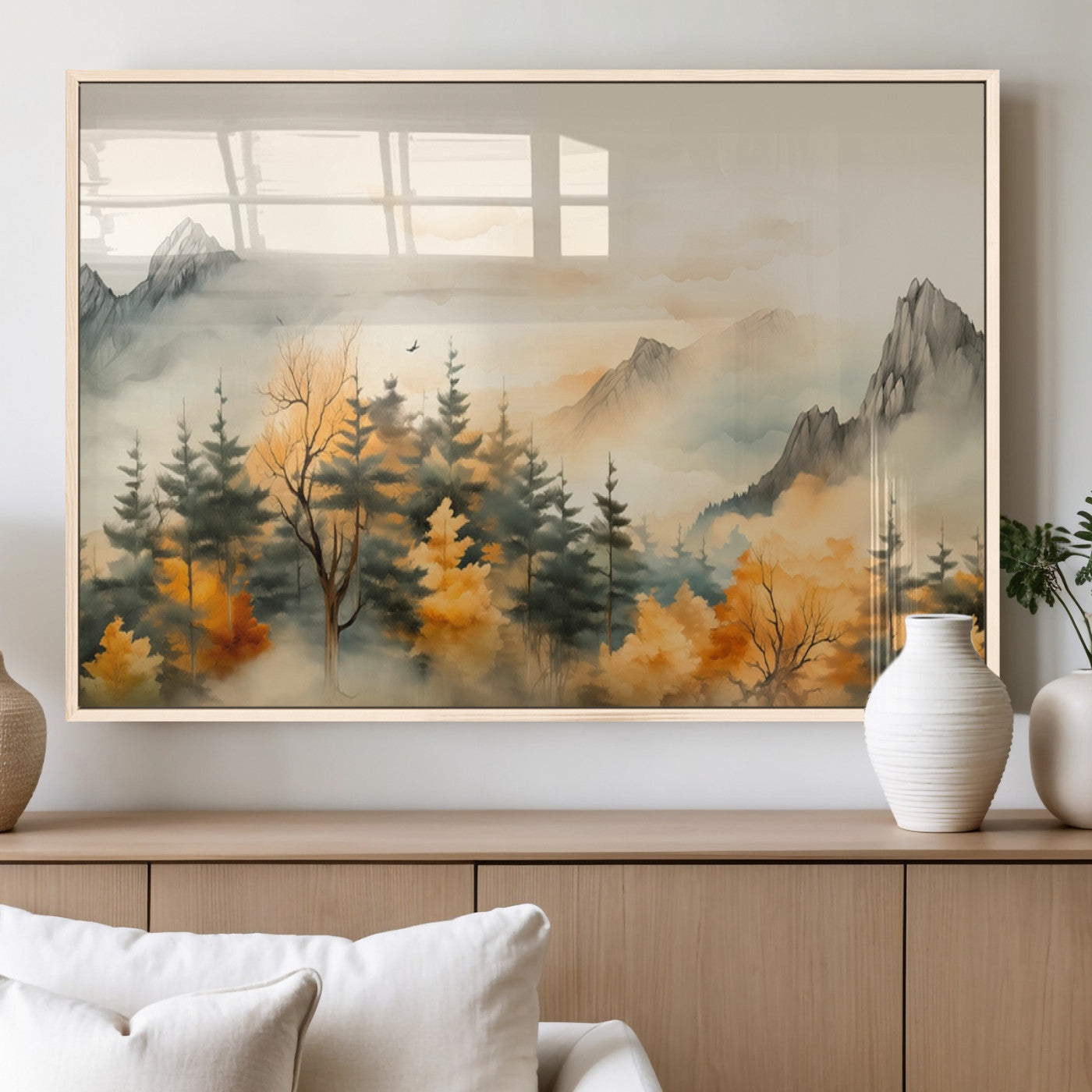 Abstract Watercolor Mountains and Trees Autumn Art,