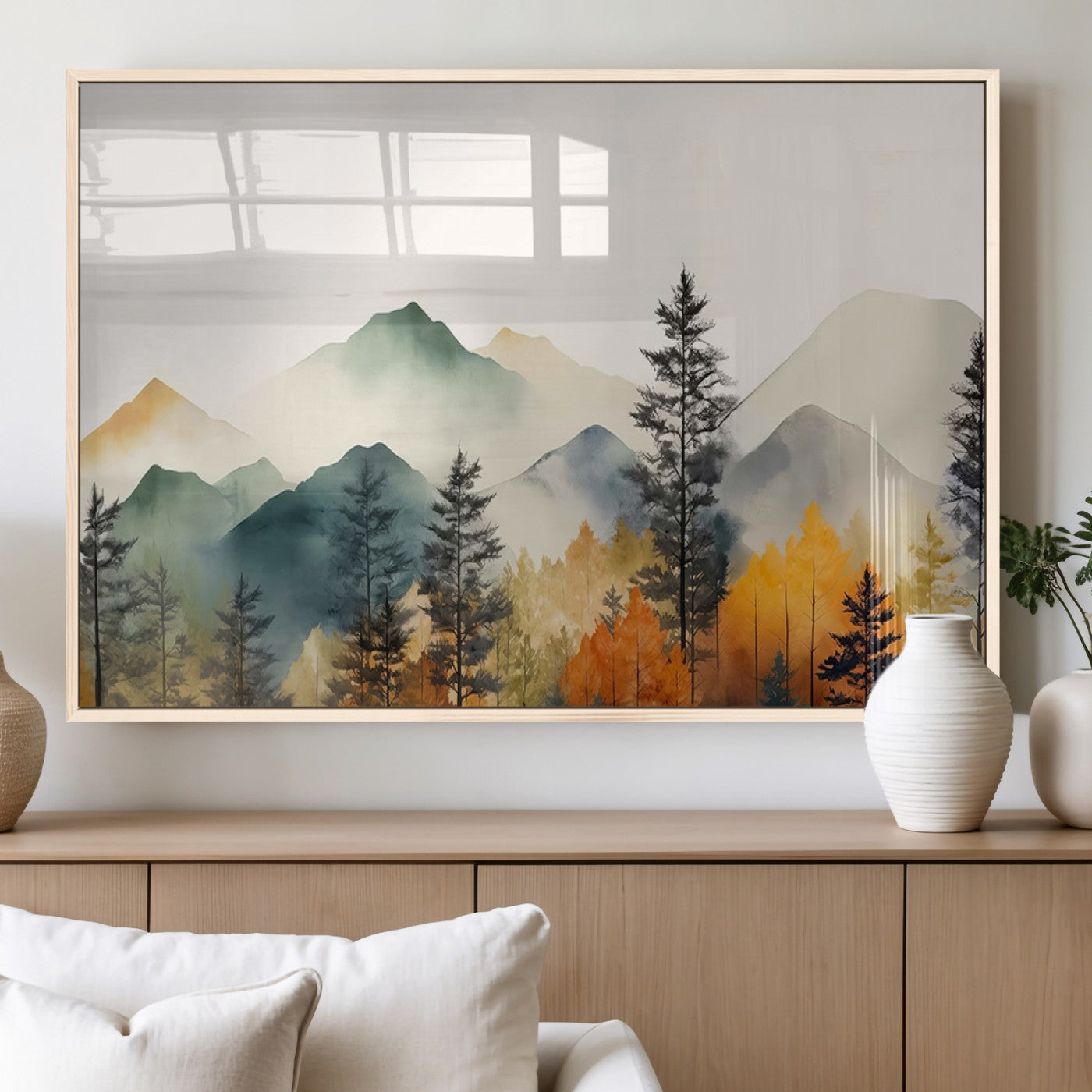 Abstract Watercolor Mountains and Trees Autumn Wall Art,