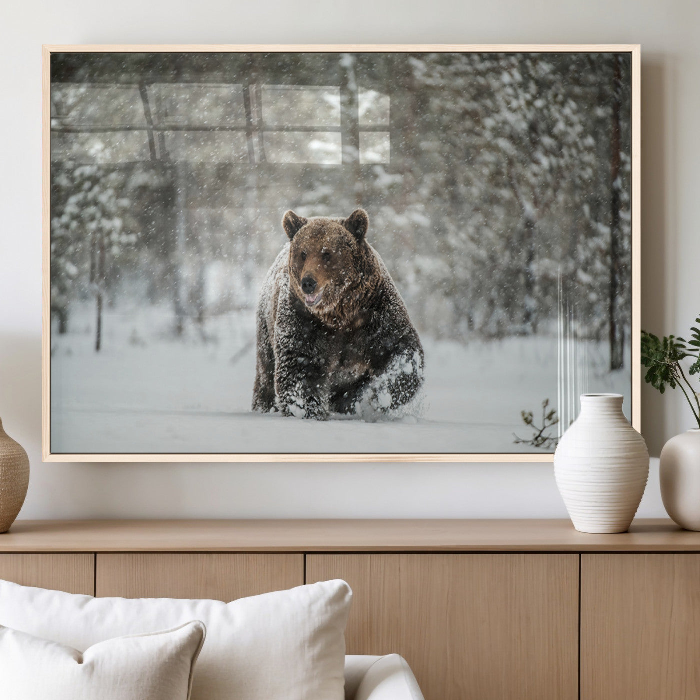 Grizzly Bear Wall Art – Framed Snowy Forest Canvas Artwork,