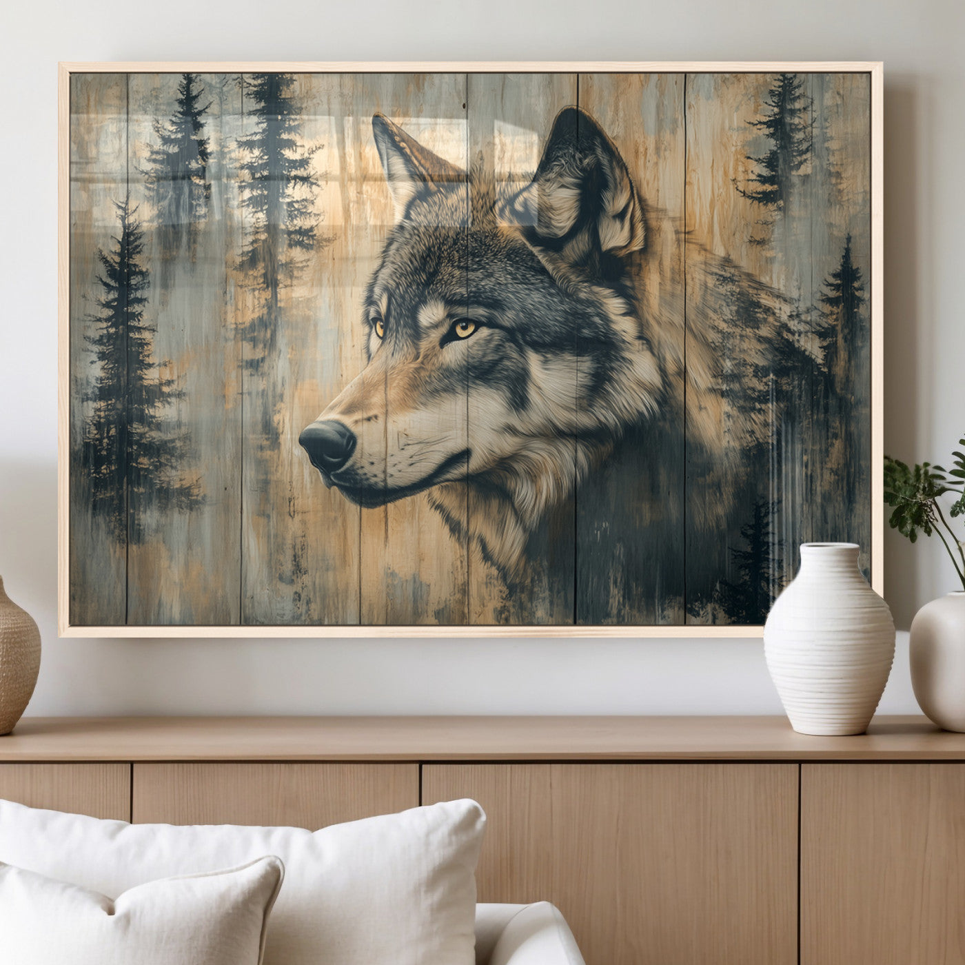 Wood Style Rustic Wolf Wall Art Canvas Print, Vintage
