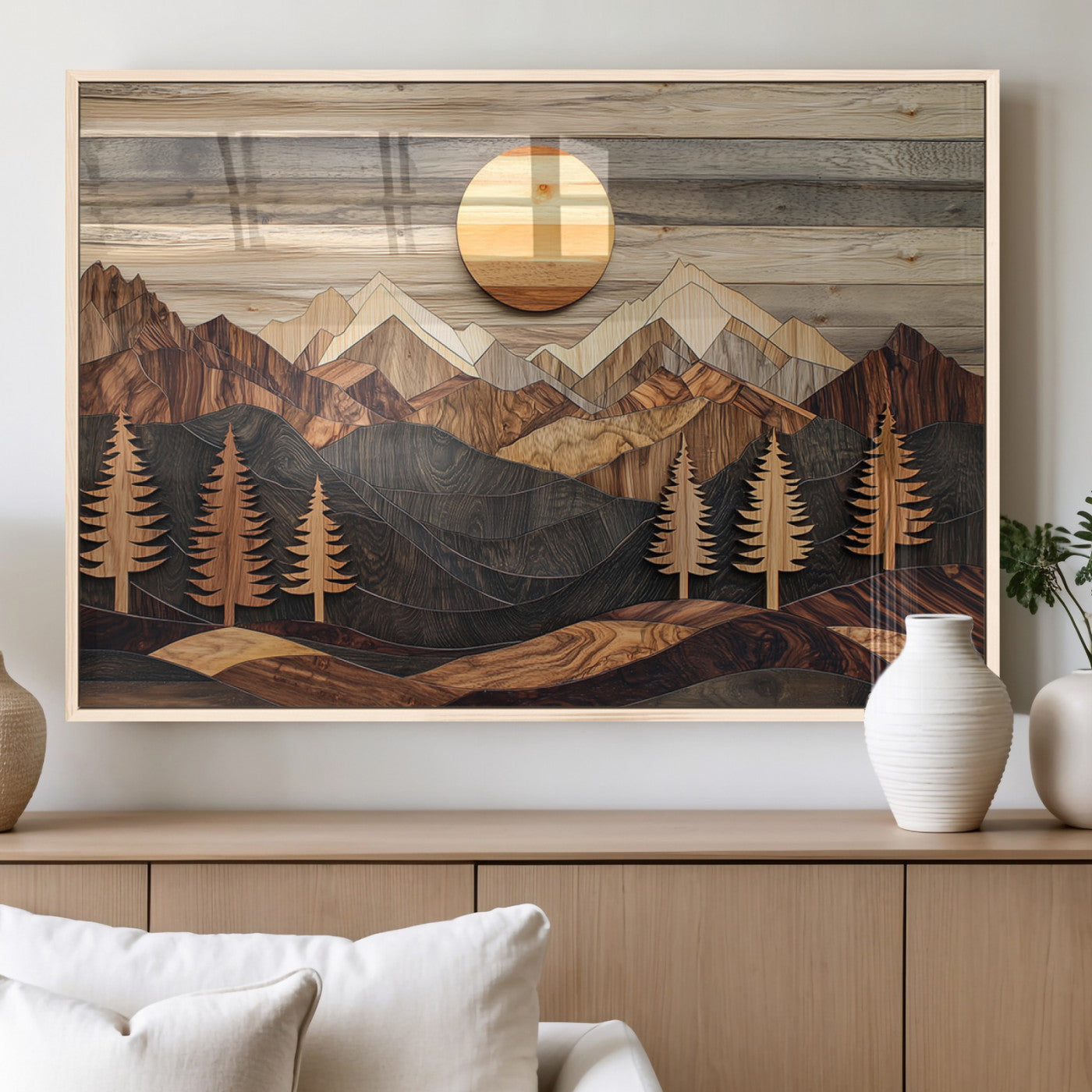 Wooden Mountain Layers Art – Rustic Pine Tree Landscape