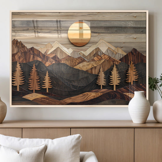 Wooden Mountain Layers Art – Rustic Pine Tree Landscape