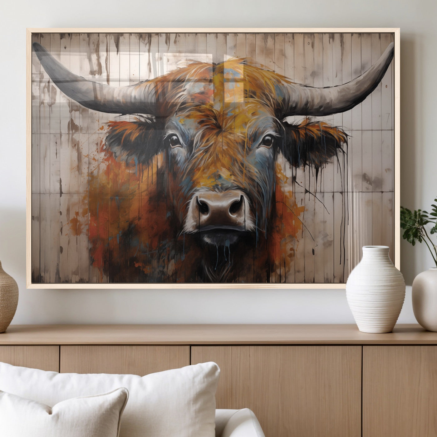 Scottish Highland Cow Cattle Art Print on Wood Style
