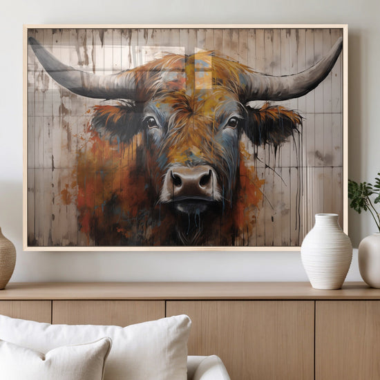 Scottish Highland Cow Cattle Art Print on Wood Style