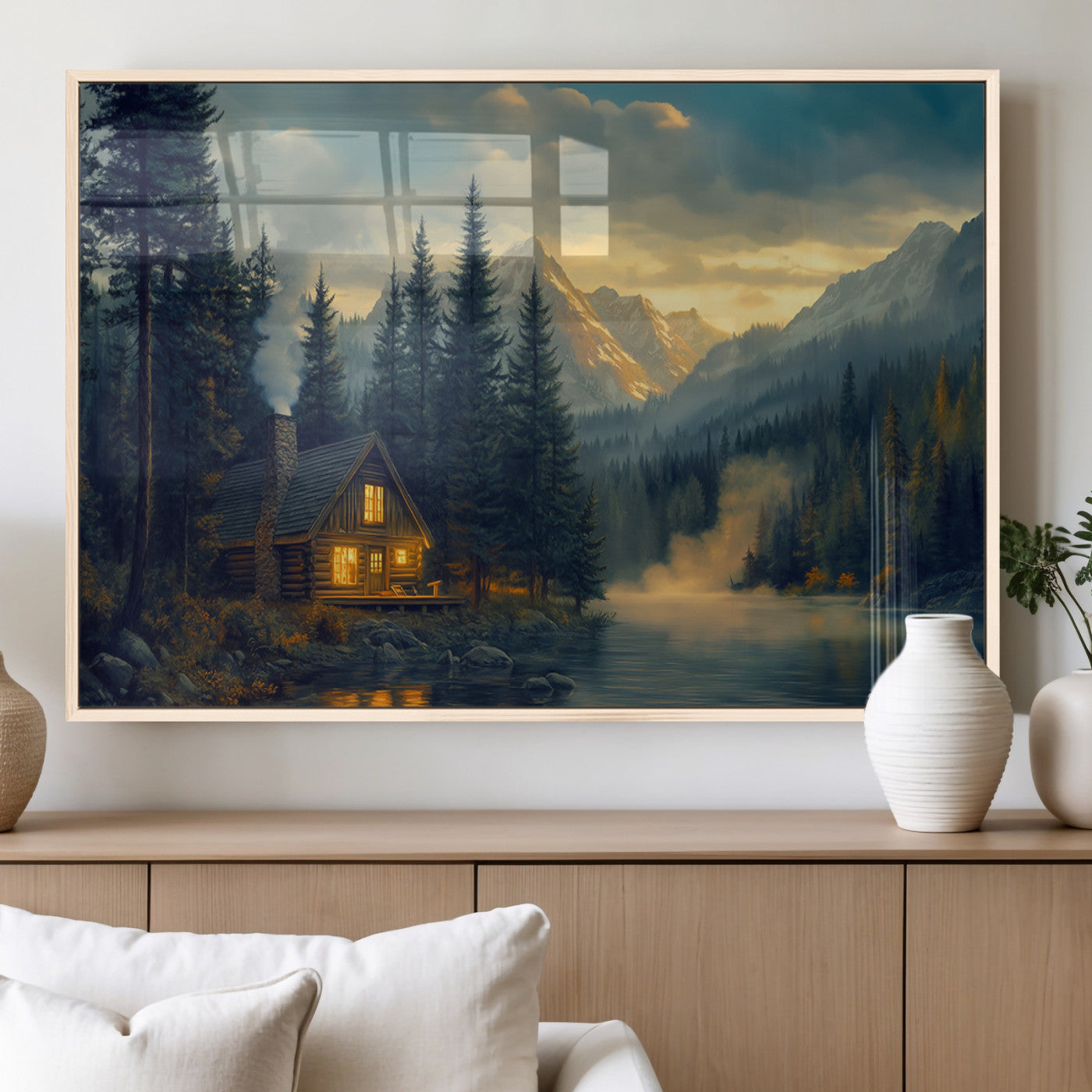 Mountain Cabin by the Lake at Sunset Wall Art - Serene