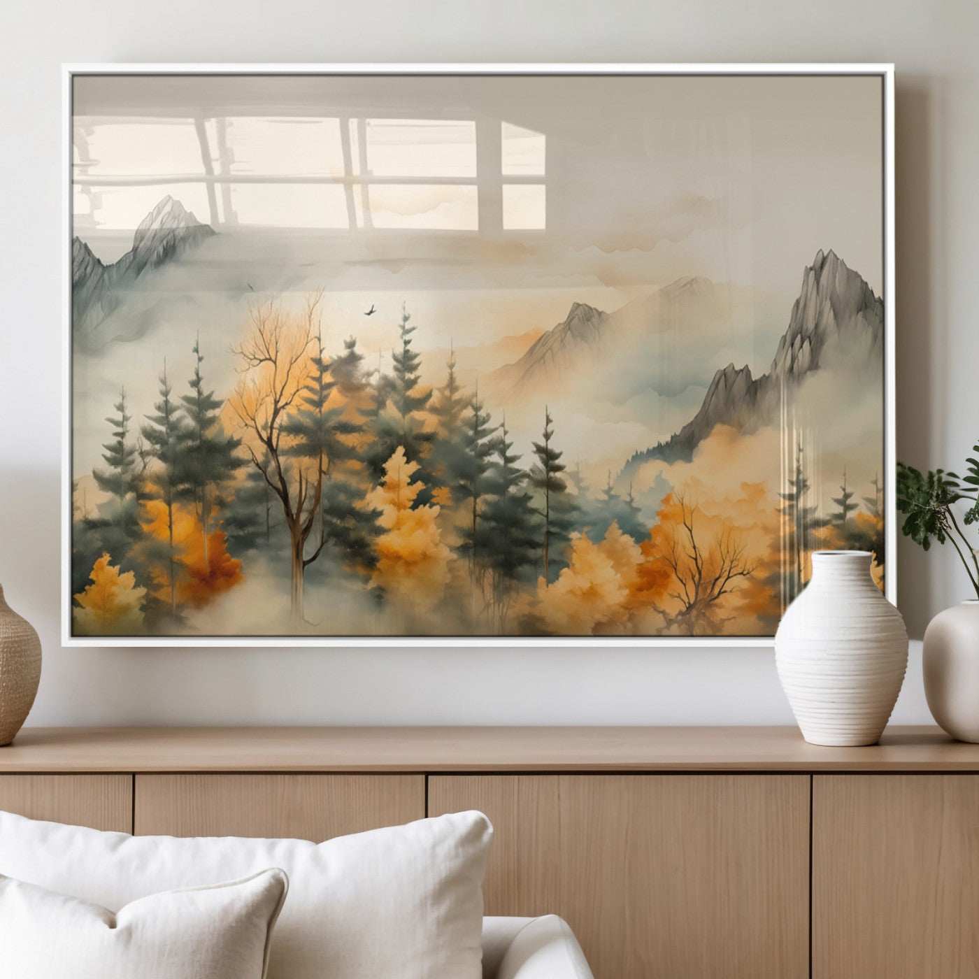 Abstract Watercolor Mountains and Trees Autumn Art,