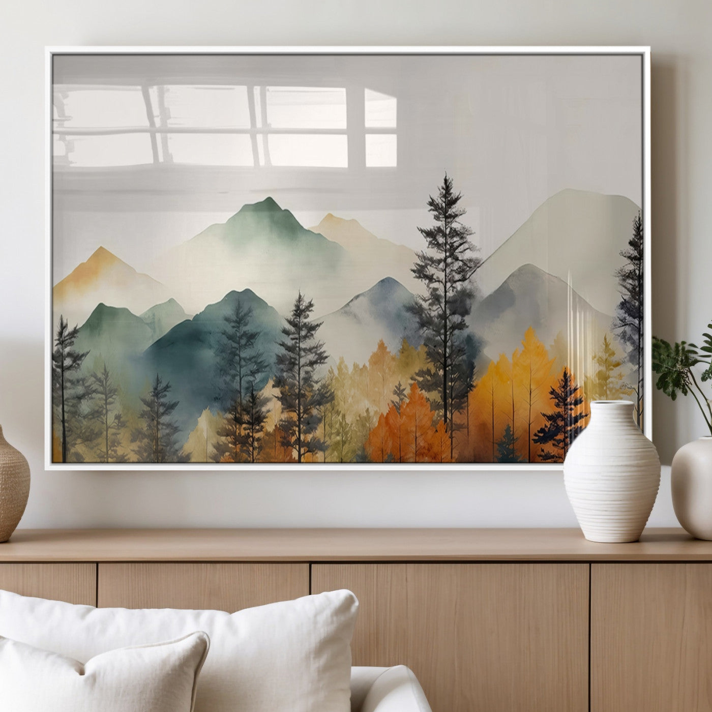 Abstract Watercolor Mountains and Trees Autumn Wall Art,