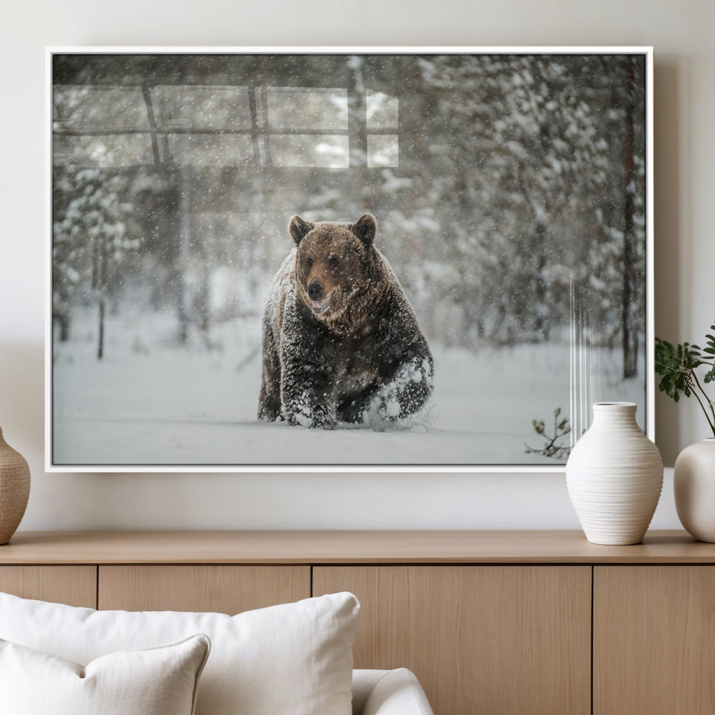 Grizzly Bear Wall Art – Framed Snowy Forest Canvas Artwork,