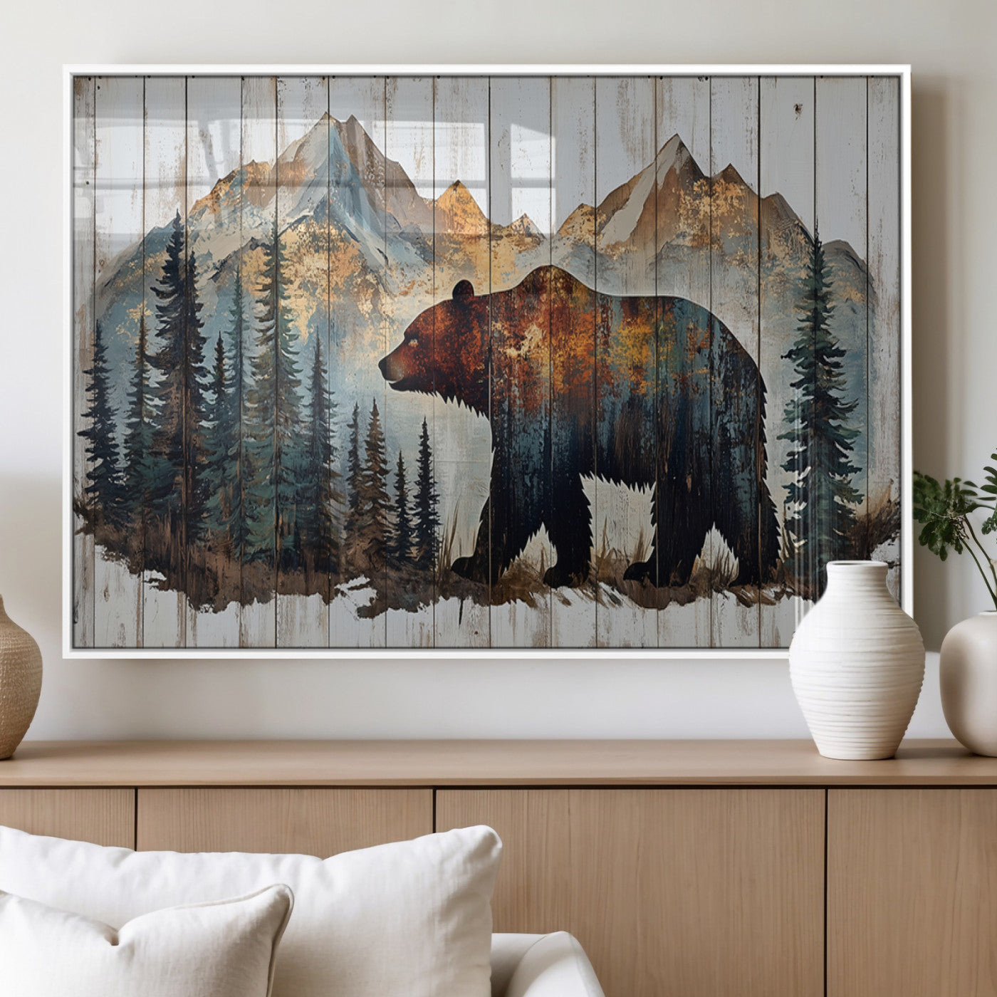 Rustic Grizzly 399 Bear and Mountain Wood Canvas Wall Art -