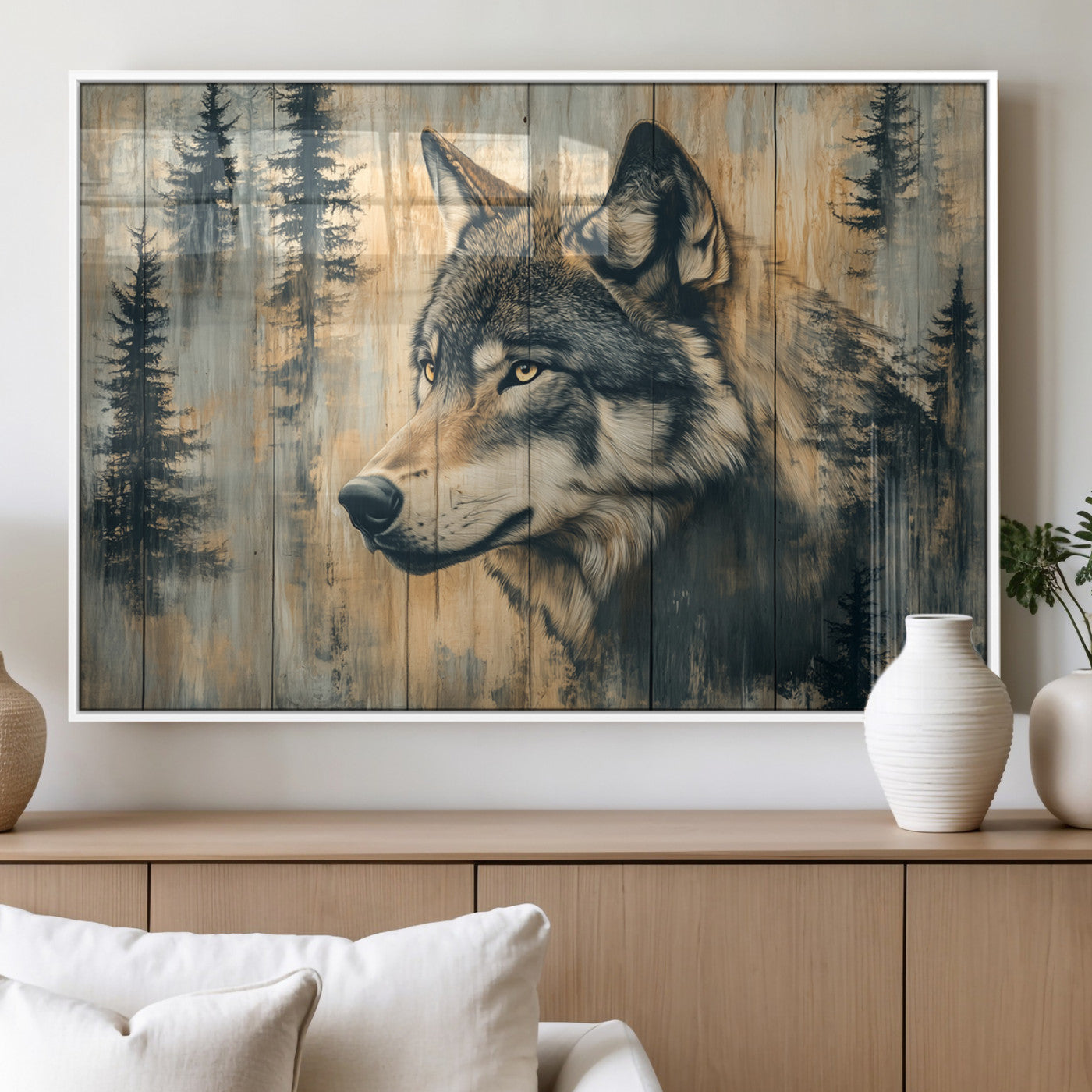 Wood Style Rustic Wolf Wall Art Canvas Print, Vintage