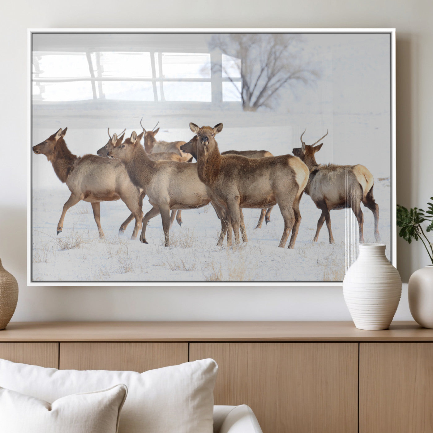 Snowy Elk Herd Wall Art Canvas Print – Majestic Winter