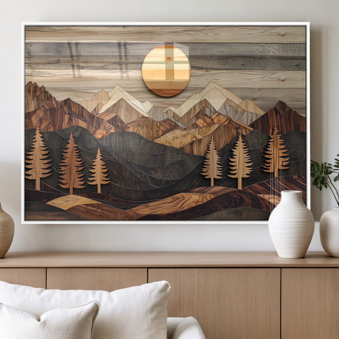 Wooden Mountain Layers Art – Rustic Pine Tree Landscape