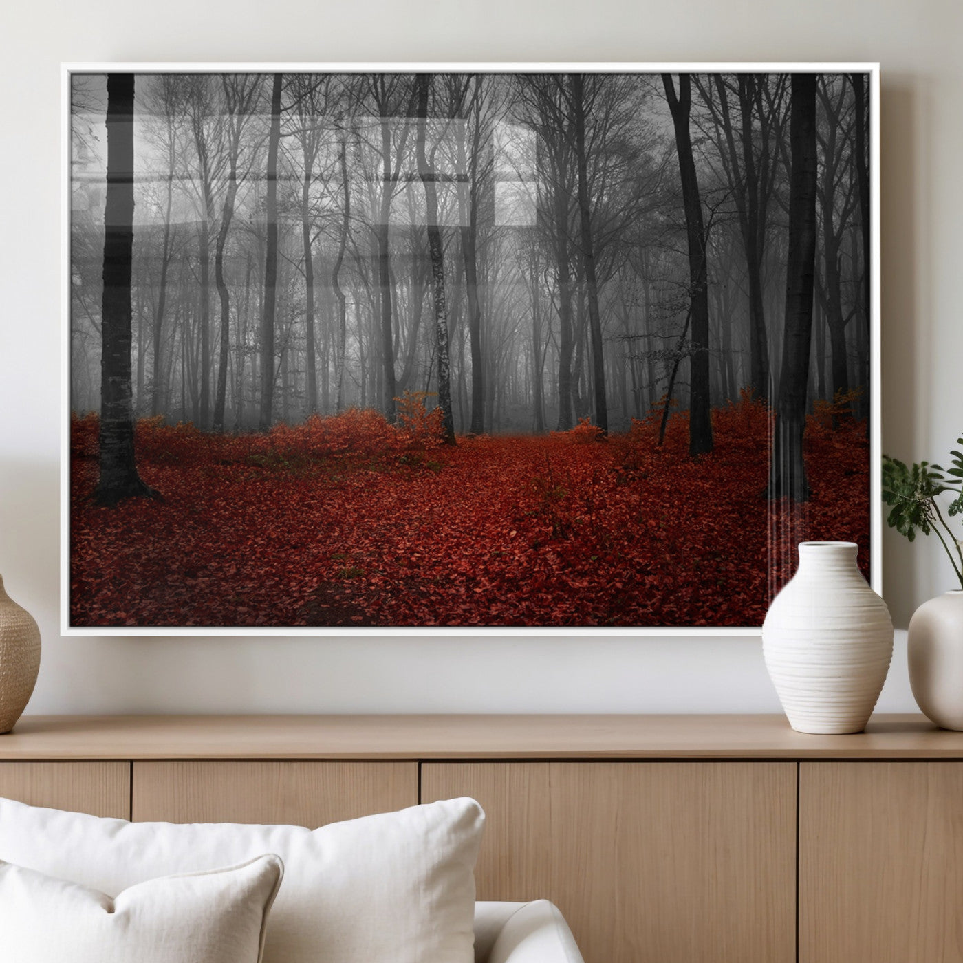 Red Forest Floor Canvas Wall Art – Mystical Foggy Woodland
