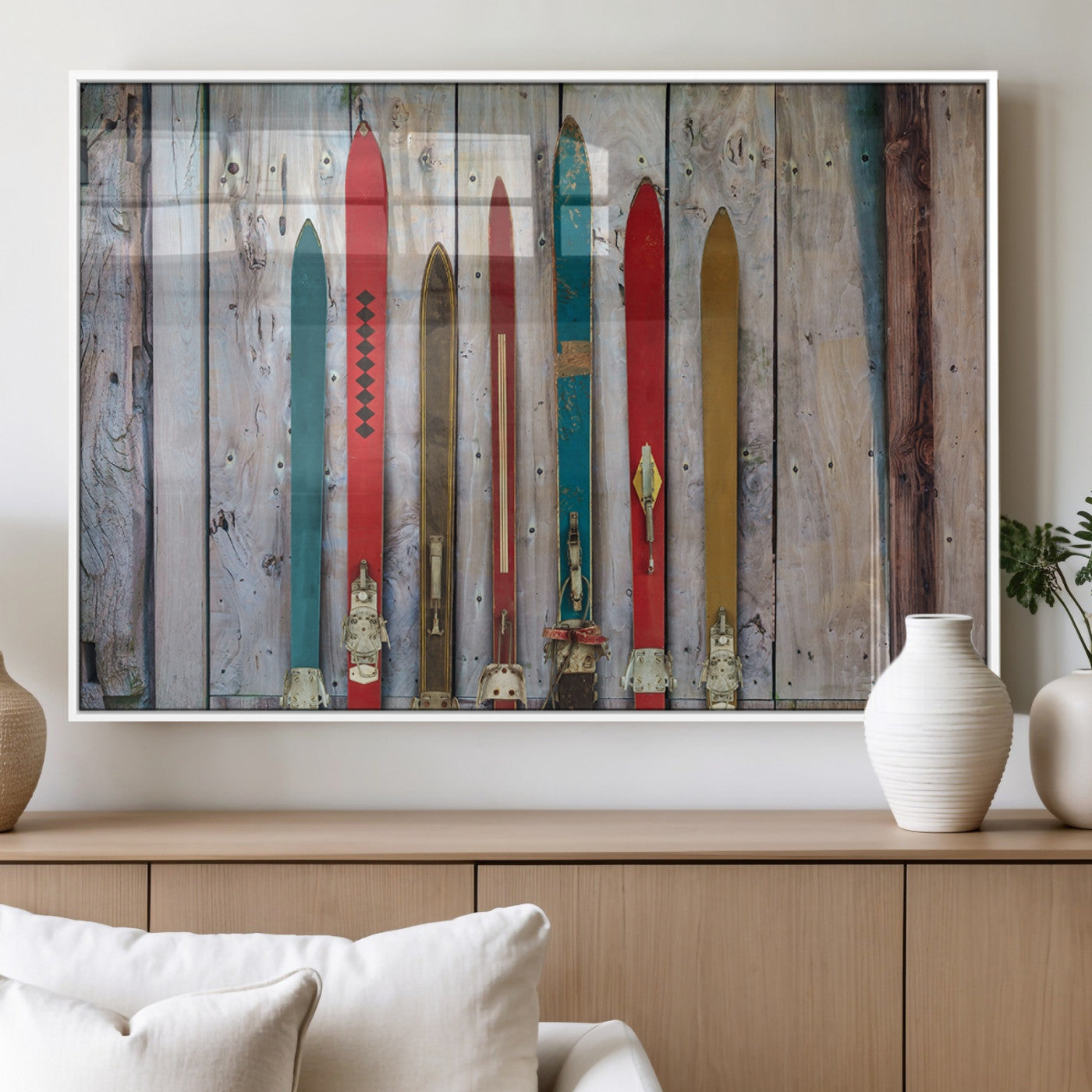 Vintage Wooden Weathered Ski's in Front of an Old Barn Wall
