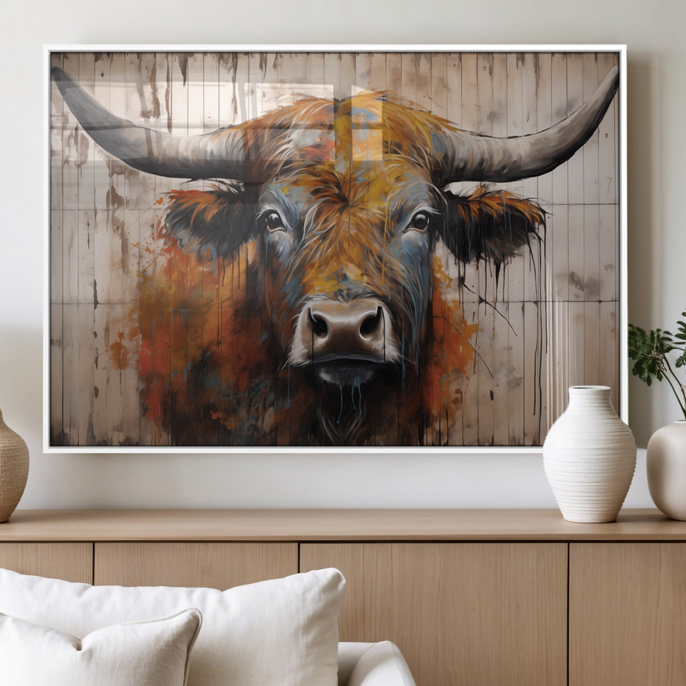 Scottish Highland Cow Cattle Art Print on Wood Style
