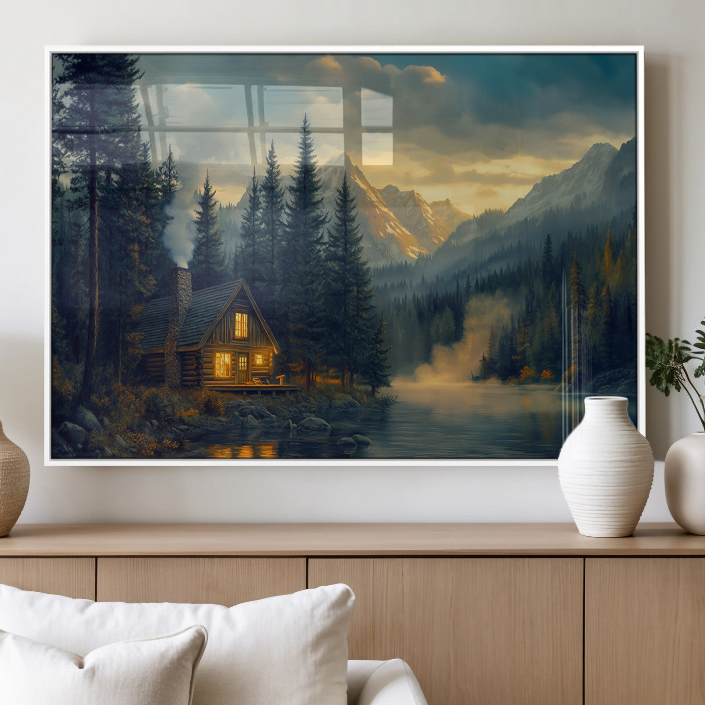 Mountain Cabin by the Lake at Sunset Wall Art - Serene