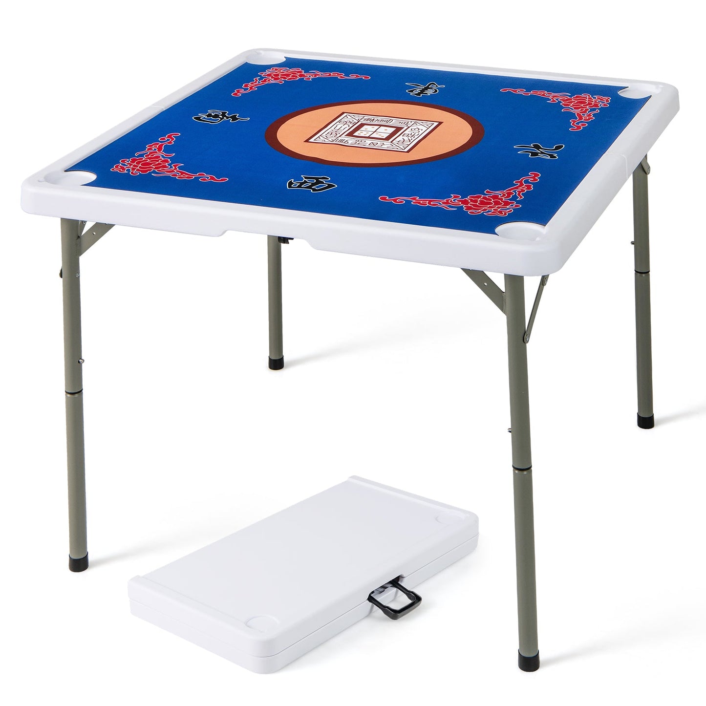 35 Inch 4 Player Game Card Folding Mahjong Table with Cup Holders-Blue