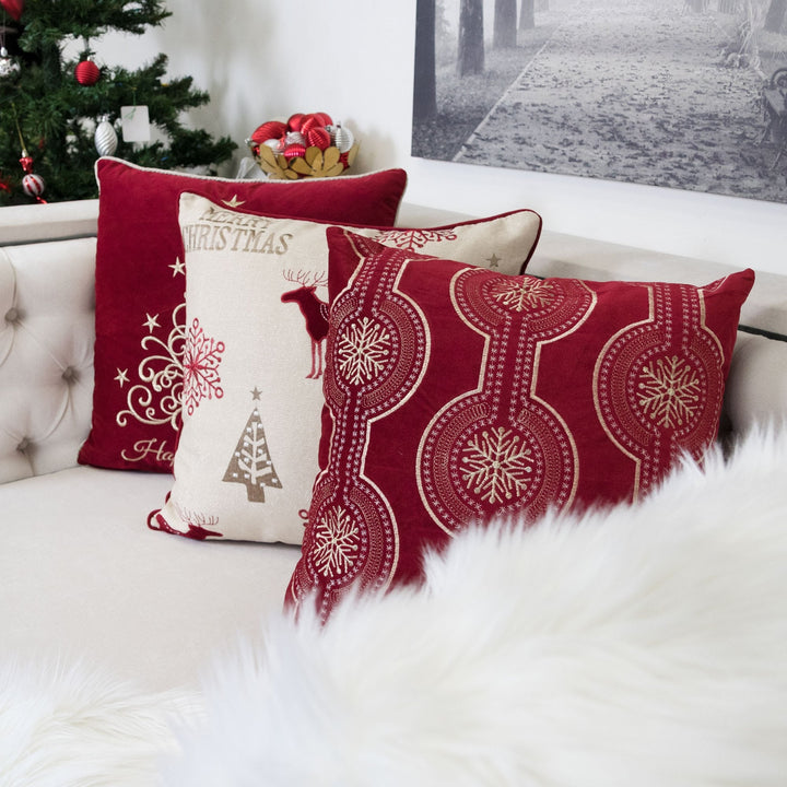 Red Holiday Embroidered Velvet Throw Pillow with Insert 20x20 Set of 2, holiday sofa and bedroom decor
